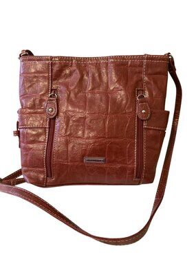 Koltov Brown Crocodile-Embossed Faux Leather Crossbody Bag With Adjustable Strap